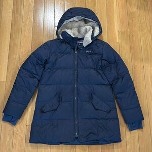 Patagonia Girls Down Parka Hooded Jacket Coat Navy Blue Size XL 14
